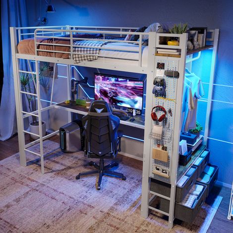 Lit mezzanine en fer 90 x 200 cm, bureau, étendoir, étagères, 4 tiroirs, prises USB et Type-C, bande LED, rambarde, échelle, panneau perforé, blanc (1/5)