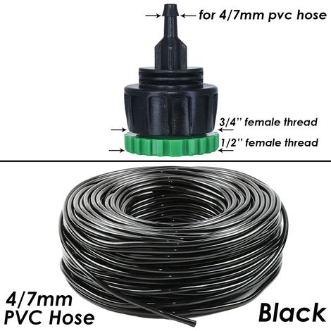 Tuyau d'arrosage noir 4/7 mm (1/4'' - 10 mètres) avec raccord rapide pour micro-irrigation goutte à goutte, en PVC neuf, pour serre. (1/5)