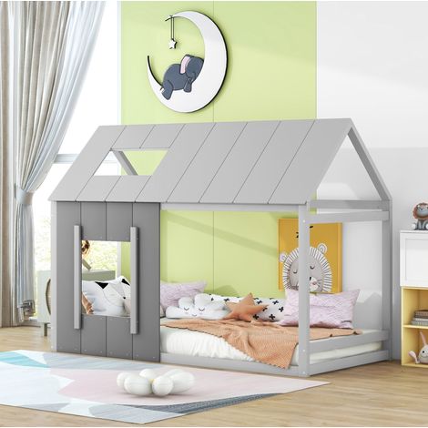 Cama infantil casa de madera con tejado y ventana gris OKMYHOME (1/5)
