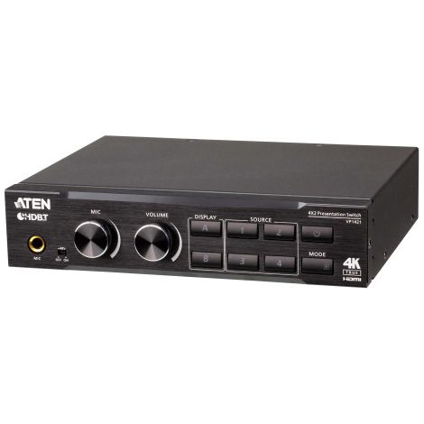ATEN Switch de presentación True 4K 4 x 2 con escalador de vídeo, DSP y HDBaseT-Lite