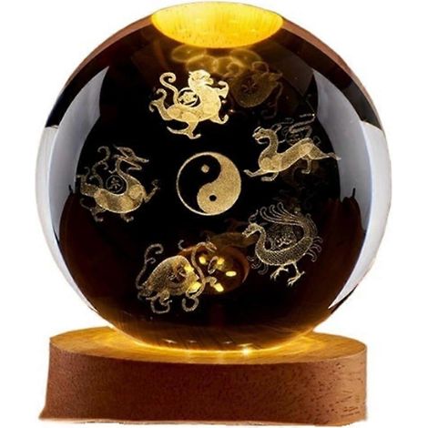 Veilleuse boule de cristal avec socle en bois, gravure laser 3D des cinq éléments du Tai Chi, 6 cm (1/5)