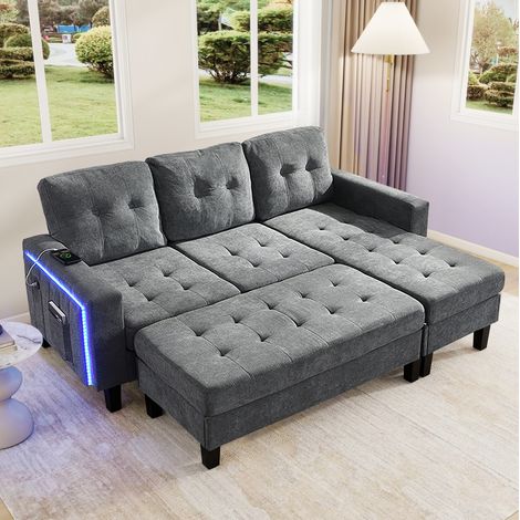 Sofa mit Schlaffunktion LED USB Chenille Antique Gray OKMYHOME (1/5)