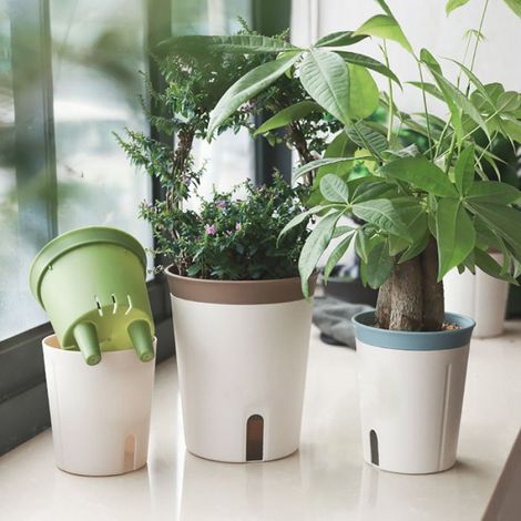 Pot de fleur Pot à arrosage automatique taille S, café, jardinière empilable en plastique avec trous de piscine moteur (1/5)