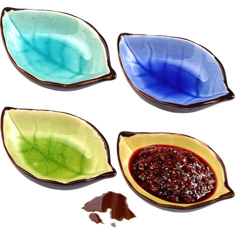 Lot de 4 bols à sauce soja en céramique - 10,8 x 7 x 2,8 cm - En forme de feuille - Petits bols pour sauces, épices, apéritifs, fruits, collations