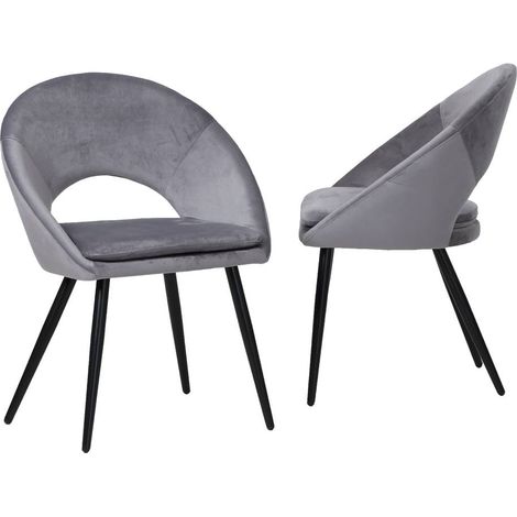 Made In Meubles – Lot de 2 chaises style fauteuil en velours gris souris – Assise rembourrée – Housse amovible avec fermeture éclair – Piètement métal noir (1/5)