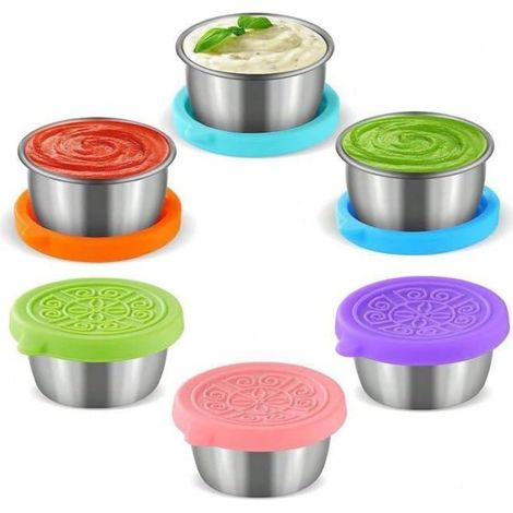 Dressingpotjes - 50 ml - Roestvrijstaal 304 + Siliconen Deksel - Lekvrij voor Lunchboxen en Reizen - Set van 6 stuks (1/5)