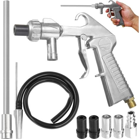 Kit de sablage à air comprimé, comprenant une buse de sablage longue et des buses métalliques de calibre 5 mm/6 mm, un système d'alimentation par siphon, une buse, un agent dégraissant et un abrasif. (1/2)