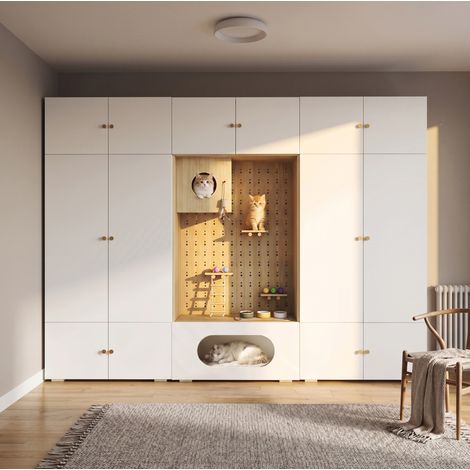 Armadio guardaroba 3 in 1 con area per gatti, 270x50x200 cm, bianco e effetto legno DESVIAE (1/5)
