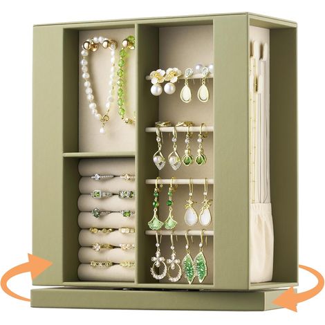 Women's jewelry box: 360° rotating vertical storage case, black leather with blush velvet trim, holder for rings, necklaces, bracelets, gift decoration, 25.4 x 22.1 x 9.9 cm