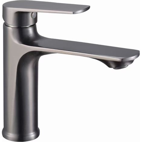 Tall bathroom vanity with brushed gunmetal gray basin faucet, Scandinavian minimalist light luxury style under-counter basin hot and cold water faucet -- gunmetal gray low-profile model