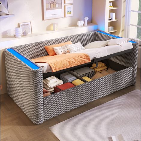 letto contenitore 90x200 con LED velluto grigio OKMYHOME (1/5)