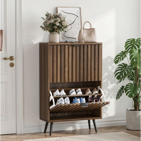 Meuble à chaussures 60 cm noyer en MDF avec 2 abattants, design rainuré et rangement gain de place (1/5)