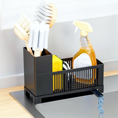Boîte de rangement antirouille pour évier de cuisine, boîte de rangement multifonctionnelle avec porte-brosse et porte-éponge, noire