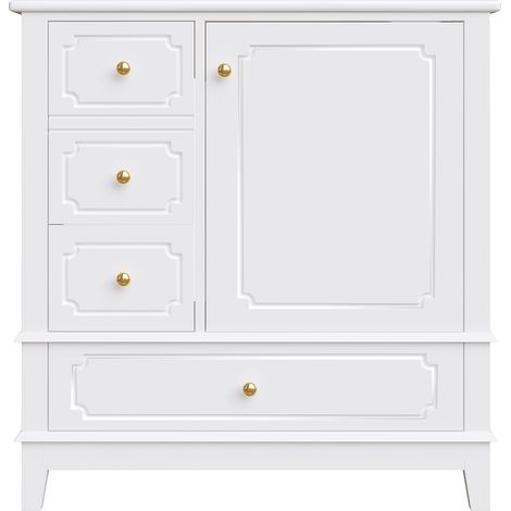 Meuble sous-vasque de salle de bain 76,5 cm avec lavabo en céramique et poignées dorées – antibactérien, avec trou de trop-plein et grand espace de rangement, blanc (1/5)
