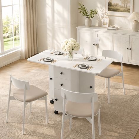 Table de salle à manger pliante, table de cuisine roulante avec tiroirs et placard, blanche (1/5)