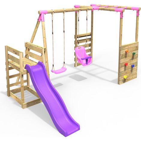 Rebo Wooden Children's Swing Set with Monkey Bars plus Deck & 6ft Slide - Double Swing - Luna Pink (1/5)