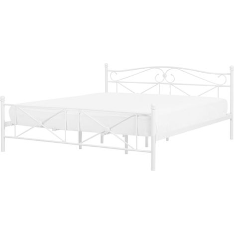 EU Super King Size Panel Bed 6ft White Metal Frame Slatted Base Retro RODEZ