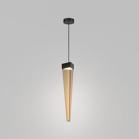 Stalactite Lampada a Sospensione LED di Design, Forma Piramidale, Vetro Colore Ambra e Struttura in Nickel Nero Lucido, Illuminazione 12W 2700K