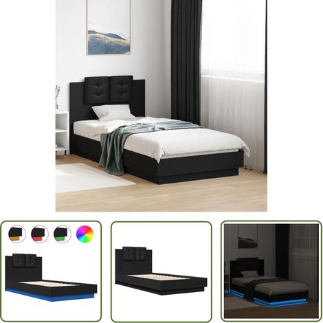 The Living Store Bettgestell mit Kopfteil und LED-Leuchten Schwarz 75x190 cm - Bettsystem - Doppelbett - Boxspringbetten - Holzrahmen - LED Beleuchtung (1/5)