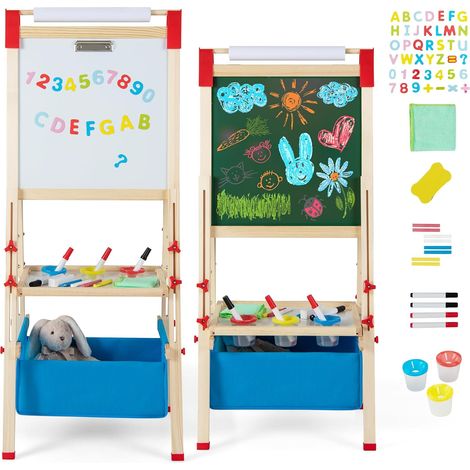 COSTWAY Cavalletto per Bambini Regolabile in Altezza in Legno, Cavalletto a Doppio Lato con Lavagna Magnetica e Bianca, con Scatola, Magneti con Lettere e Numeri, per Bambini 3-8 Anni (1/5)