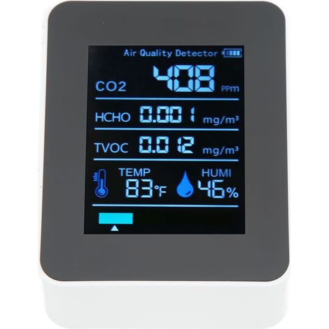 Détecteur de qualité d'air 5 en 1, mesure en temps réel CO2, COV, HCHO, température et humidité, moniteur portable de dioxyde de carbone, blanc (1/5)