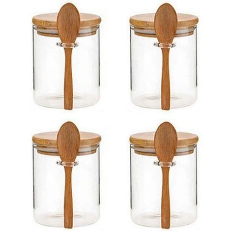 4-teiliges Zuckerdosen-Set mit Bambusdeckel und Löffel, verpackt in einem durchsichtigen Glasbehälter zur Aufbewahrung in der Küche (1/5)