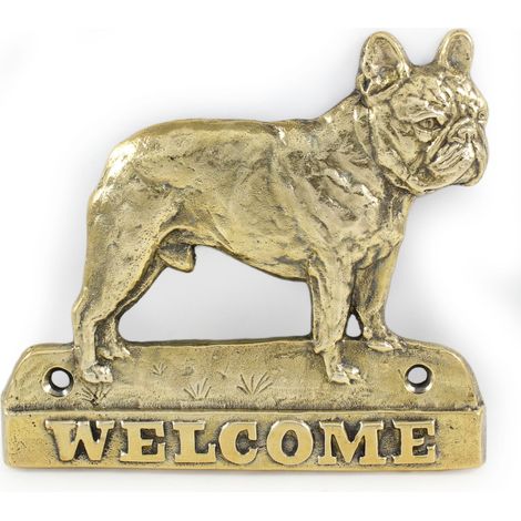 Bulldog francese - cartello porta con un cane, targa di benvenuto in ottone, cartello unico con la parola Welcome di Art-Dog (1/4)