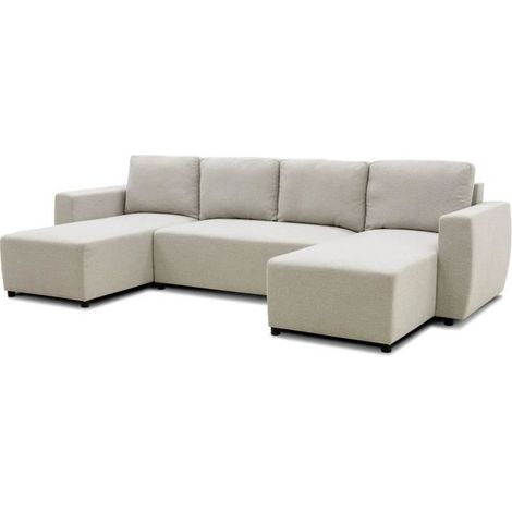 Canapé d'angle convertible panoramique 5/6 places – Tissu beige – Coffre de rangement – Dimensions L297 x P155 x H85 cm (1/6)