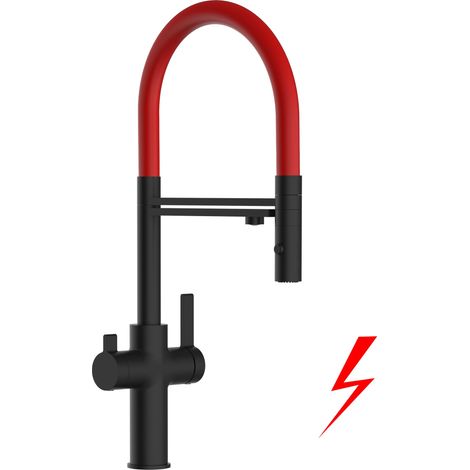 NIEDERDRUCK 3 Wege Wasserhahn Küchenarmatur Spültischmischer, Schwarz Matt mit 360° schwenkbarem Auslauf, abnehmbare 2 strahl Handbrause, Flex-Schlauch oben in Rot - VZFC Linie (1/5)