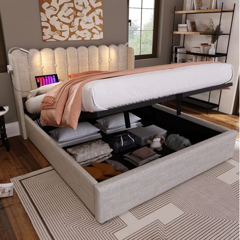 Letto contenitore 160x200 cm in tessuto naturale con luce USB, per camera, senza materasso – MEUBLIV (1/5)