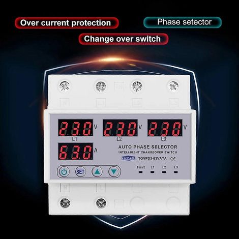 Sélecteur de phase triphasé 3P+N sur rail DIN 63A avec relais de surveillance et de protection contre les surtensions et les sous-tensions