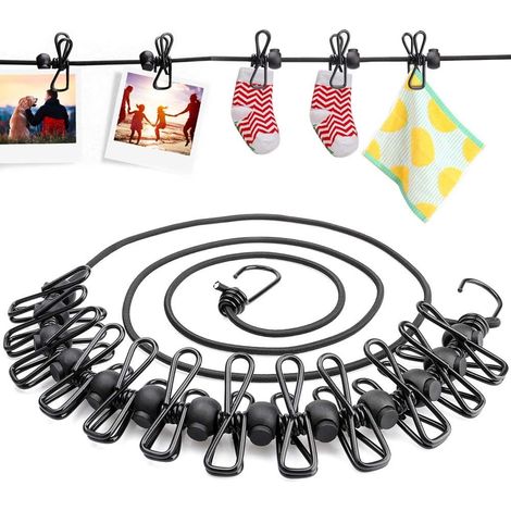 AGE Corde à linge élastique, cordon coupe-vent portable avec 12 clips (1/5)