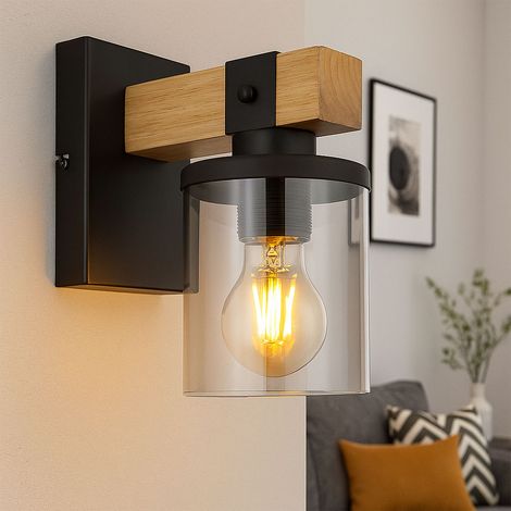 Wandlampe Wandleuchte Wohnzimmerlampe Flurleuchte rauchfarben Holz, Metall Glas, 1x LED 7W 806Lm warmweiß, BxH 10x22,5 cm