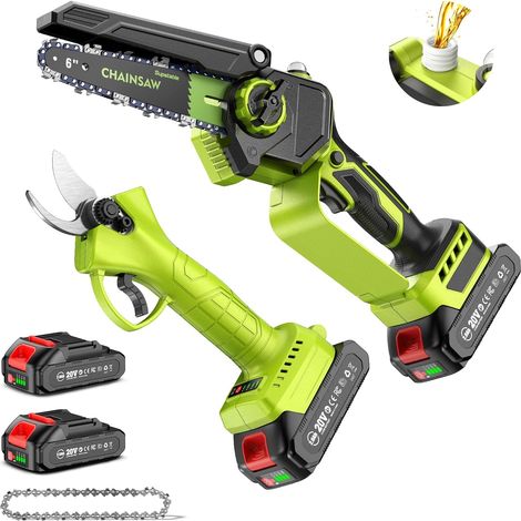 Mini Tronçonneuse 6 Pouces/Sécateur Électrique Sans Fil 33 mm, 2-en-1 Kit Outil de Jardin avec 2 × 2000 mAh Batteries, Moteur Brushless, Idéal pour Coupe de Troncs et Branches (1/5)