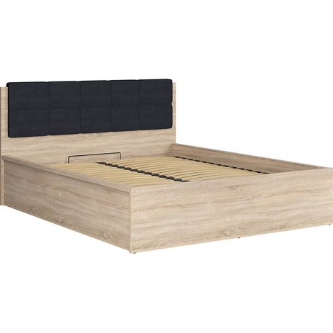 Lit adule 160x200 avec tête de lit capitonnée noir,sommier et rangement, coloris chêne Sonoma - Longueur 204,5 x Profondeur 169 x Hauteur 95/40,5 cm (1/5)