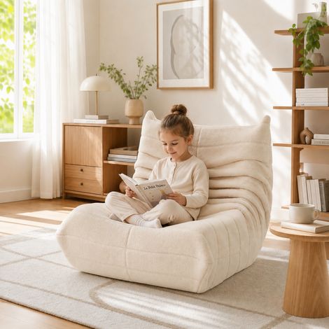 Pouf Canapé-Pouf en teddy beige, Fauteuil paresseux Rembourrage avec dossier, Canapé de Sol Confortable pour Salon et Chambre, Jeux, Lecture, Détente