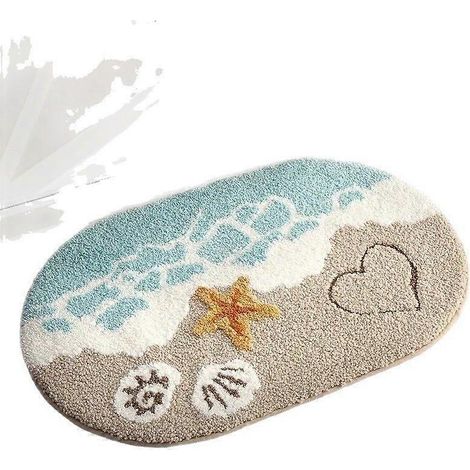 Tapis de bain antidérapant 40 x 60 cm, ovale, absorbant et lavable, motif plage et étoiles de mer, pour baignoire, chambre, chambre d'enfant, beige (1/5)