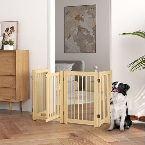 Barrera para perros 4 paneles 204 x 75 cm plegable autoportante con puerta, madera natural DESVIAE (1/5)