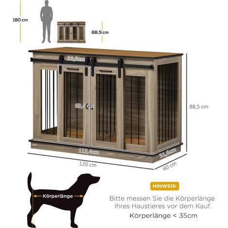 Cage à chien intérieur chêne 120x60x88,5cm deux portes, niche spacieuse pour chiens de taille moyenne, meuble discret adapté salon et appartement (1/5)