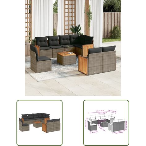 The Living Store 9-tlg. Garten-Sofagarnitur mit Kissen Grau Poly Rattan - Gartenmöbel - Esstisch - Lounge Set - Outdoor Möbel - Rattan Gartenmöbel (1/3)