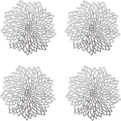 4 Pièces Napperon de Table Argent, Set de Table Rond évidé, Napperons Ronds Tapis de Table en Plastique, Utilisé pour L'isolation Thermique de L'assiette et de la Décoration de Table ( (1/3)