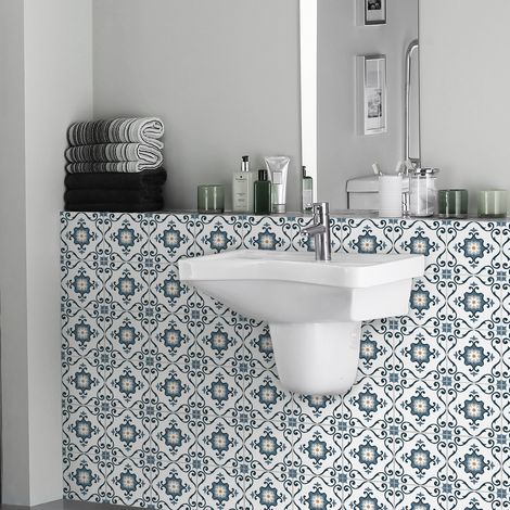 Sticker Mural Carrelage adhésif Cuisine Salle de Bain - 24 STICKERS CARREAUX DE CIMENT AZULEJOS CÉLINA - 24stickers10x10cm (1/5)