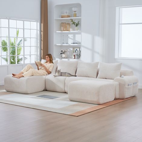 Canapé modulaire velours côtelé 4 personnes avec 2 tabourets combinable librement porte-gobelet sac rangement latéral salon familial mobile (1/5)