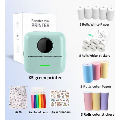 Mini Printer - Portable Mini Pocket Label, Picture, Error Correction Thermal Bluetooth Printer - X5 Green + 5 Thermal Papers + 5 Self-adhesive Papers + 3 Color Papers + 3 Color Self-adhesive Papers +  (1/4)