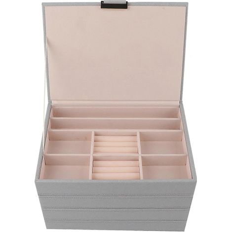 Boîte de rangement pour boucles d'oreilles à 4 compartiments en cuir PU, étui à bijoux détachable, gris (1/5)