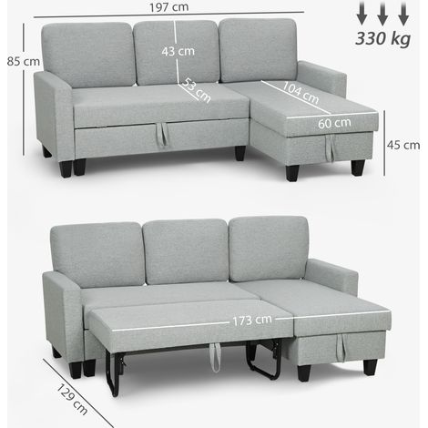 Sofá Cama Chaise Longue de 3 Plazas Chaise Longue Reversible Ambos Lados con Almacenaje con Fundas Removibles Gris (1/5)