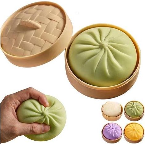 Jouet Squishy en forme de ravioli avec mini-panier vapeur, Jouet sensoriel réaliste en forme de brioche vapeur à remontée lente, Jouet interactif pour chat - vert