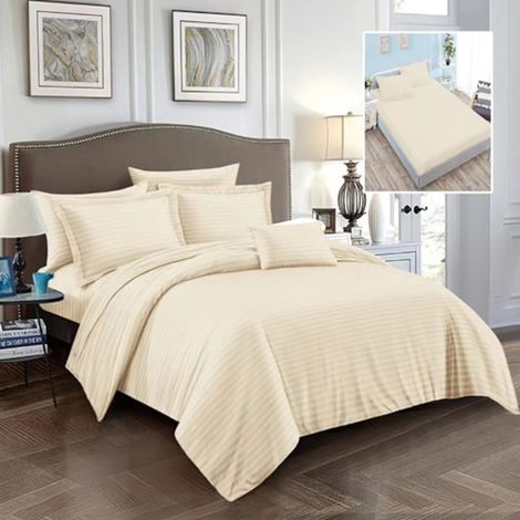 Linge de lit damassé, polycoton, 6 pièces, drap-housse 160x200cm, pour lit double, crème, LDP-POLI-6P-CRF-160x200-CREM-P55 (1/5)
