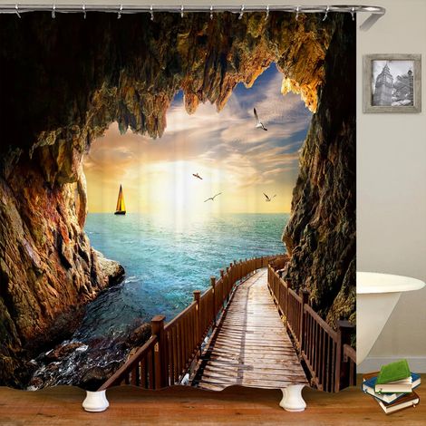 Rideau de douche 3D motif plage, rideau de salle de bain mer Méditerranée, tissu imperméable, dimensions : 120 cm x 180 cm.