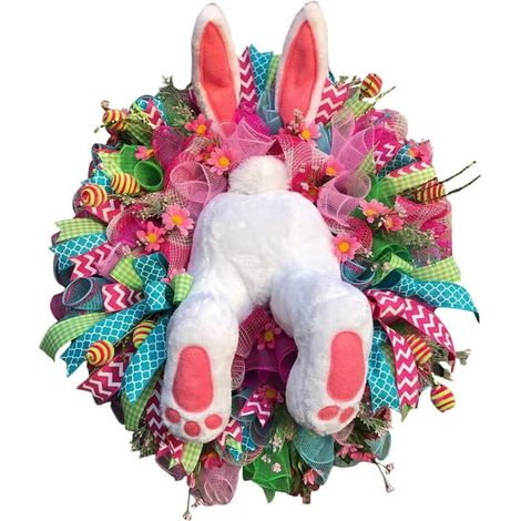 Couronne de Pâques décorative pour porte d'entrée, couronne de lapin de Pâques avec oreilles et fesses de lapin, décoration extérieure de Pâques (1/5)